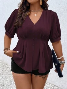 Vionelle Plus Puff Sleeve Fold Pleated Blouse Peplum Top - Red Violet - View 1