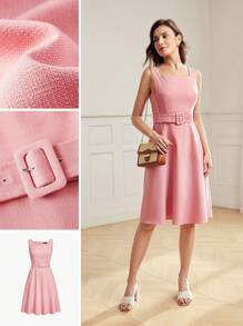 MOTF Classy VÁY DÂY CỔ VUÔNG RẮN THẮT NÚT - Màu Hồng  San hô - Xem 2