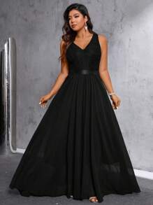 SHEIN Belle Plus Contrast Lace Sleeveless Dress Maxi Women Outfit