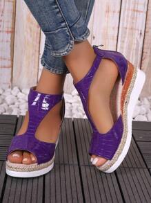 Giày sandal đế dày phong cách La Mã cổ điển cỡ lớn màu trơn có khóa kéo phía sau cho nữ, kiểu dáng mới - Màu tím - Xem 3