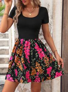 Breezaya 花卉印花拼布短袖连衣裙度假海滩装女装 - 彩色 - 查看 6