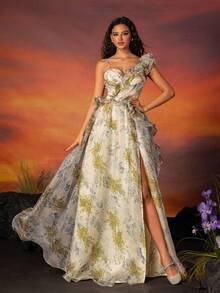 VIPGIRL Printed Mesh Ruffle-Edge Women's Evening Dress Long Dress - Yellow - View 3