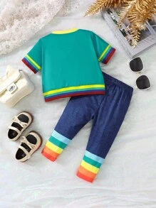SHEIN Baby Girls Heart & Letter Graphic Color Block Tee & Pants