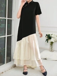 Modelyn 女士對比色簡約阿拉伯風日常連衣裙 - 黑色 - 查看 7
