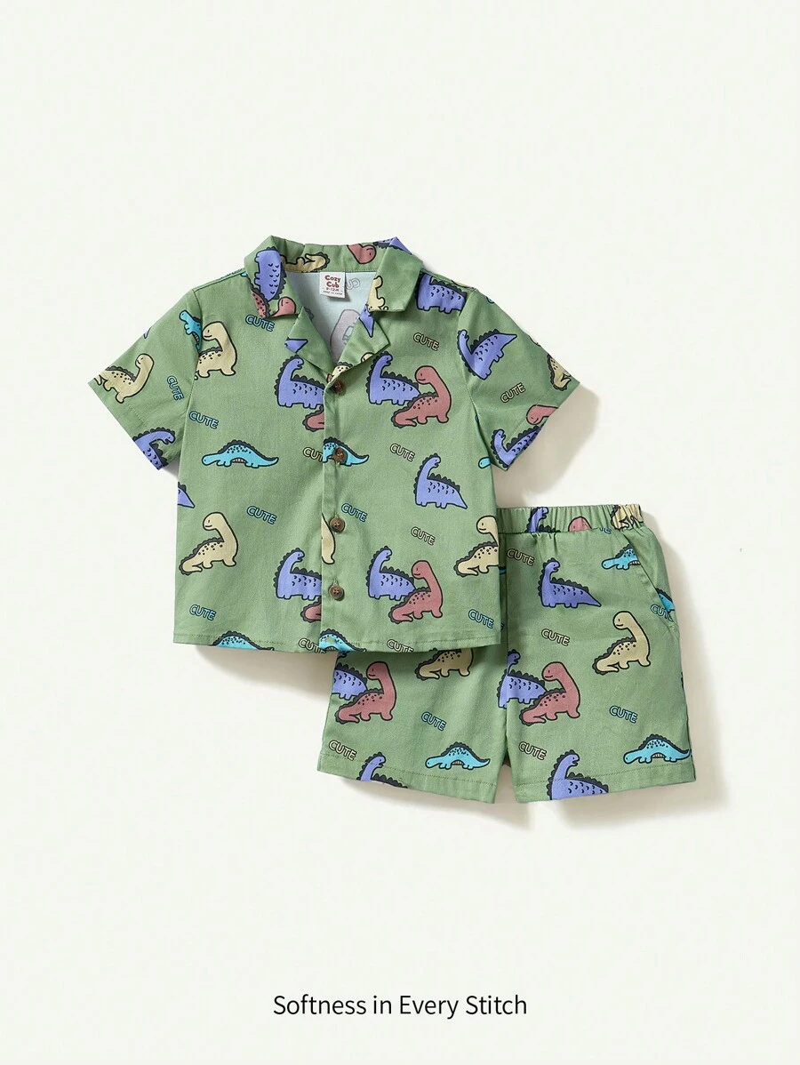 Cozy Pixies 嬰兒男孩卡通動物印花短袖有領針織衫和短褲休閒二件套裝 - 杏色 - 查看 1