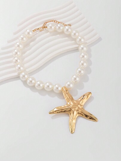 Fairycore 1pc Fashionable Ocean Style Minimalist Starfish Pendant Pearl Necklace, Beach Jewelry