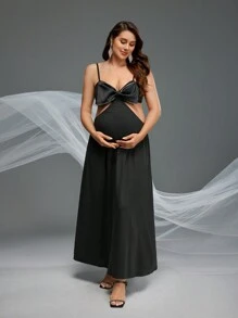 SHEIN 孕婦寫真中空腰間背心裙，孕婦服裝 - 黑色 - 查看 4