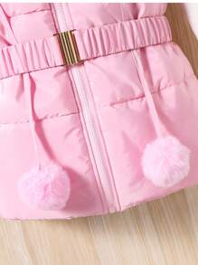 Tween Girls Hooded Sleeveless  Padded Coat With Fur Collar And Waist Drawstring - Pink - View 6