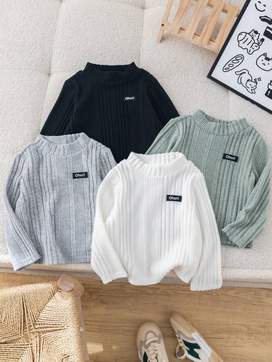SHEIN Leap Crew 4 piezas/paquete Tops básicos de punto de manga larga de unicolor informales para niños/niñas pequeños, otoño/invierno - Multicolor - Ver 1