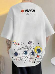 Manfinity Hypemode 男士开学季卡通字母图案落肩 T 恤 - 白色 - 查看 1