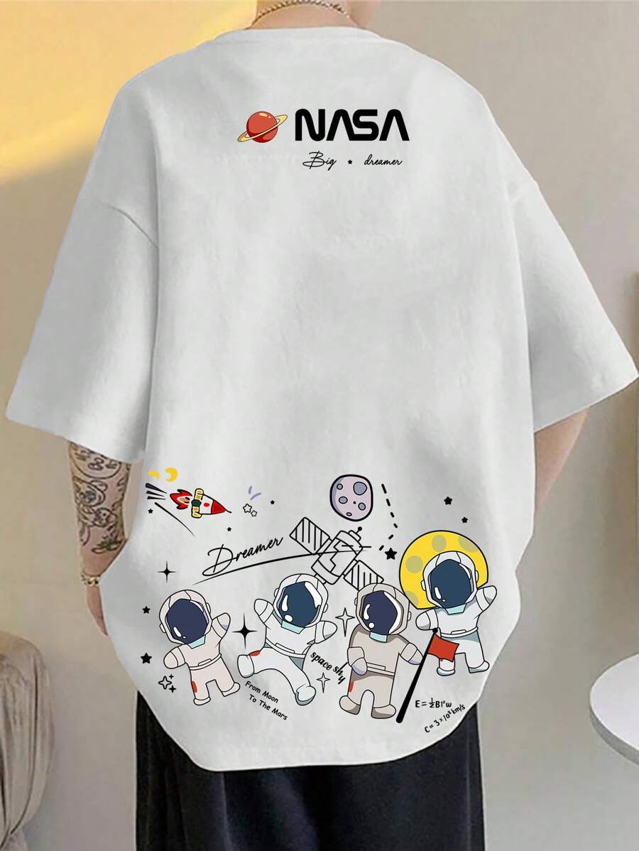 Manfinity Hypemode 男士开学季卡通字母图案落肩 T 恤 - 白色 - 查看 1