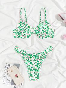SHEIN Swim Conjunto de traje de baño tipo bikini para mujer con estampado de flores de trébol verde, para el verano - Multicolor - Ver 7