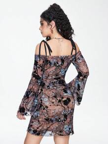 ROMWE Fairycore Floral Print Cold Shoulder Flounce Sleeve Mesh Dress - Multicolor - View 3
