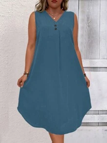 EMERY ROSE Plus Size Effen Kleur V-hals Mouwloos Casual Zomerjurk Maxi Dames Outfit