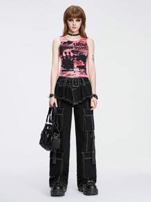 ROMWE Grunge Punk Women's Workwear Denim Jeans With Pockets - Black - View 3