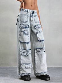 SHEIN ICON Women's Loose Fit Casual Denim Wide Leg Pants With Multiple Workwear Pockets Low Rise Straight Leg Jeans - Light Wash - View 4