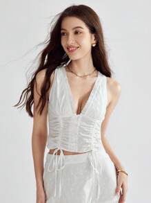 Enchnt Romantic Summer Holiday White Cute Drawstring Front Eyelet Embroidery Top - White - View 1