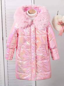 Tween Girl Colorful-Coded Long Padded Coat With Hood And Fleece Hat - Pink - View 7