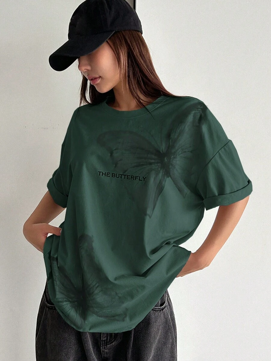 DAZY Slogan & Butterfly Print Drop Shoulder Tee THE BUTTERFLY Oversized T-Shirt - Mint Green - View 1