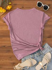 INAWLY Floral Print Tee For Summer Graphic Tees Women Tops - Mauve Purple - View 2