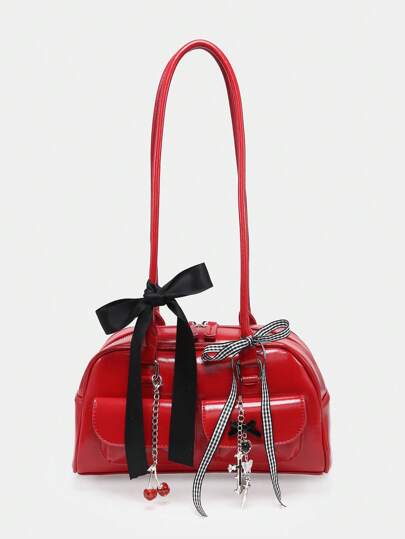 Women's Vintage Cute Bowknot Tie Cherry Decorated Shoulder Bag Crossbody Bag, Multi-Pocket Boston Bag, School, Kawaii Cherry Elements