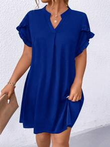 SHEIN Clasi Cộng với váy tay áo có đường viền cổ chữ V - Xanh đậm - Xem 4