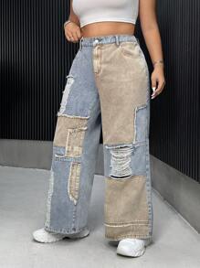 SHEIN ICON Jeans acampanados rasgados de talla grande con bloqueo de color - Multicolor - Ver 6