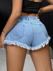 SHEIN ICON Plus Raw Hem Denim Shorts - Blue - View 2