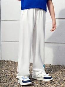SHEIN Tween Boy Woven Letter Patch Pocket Side Slit Hem Long Pants - White - View 3