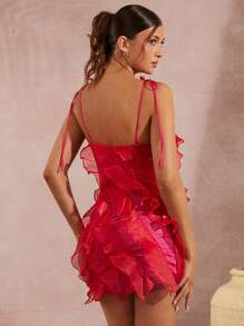 L'Amorae Robe courte à bretelles nouées et à volants - Rouge - Voir 4