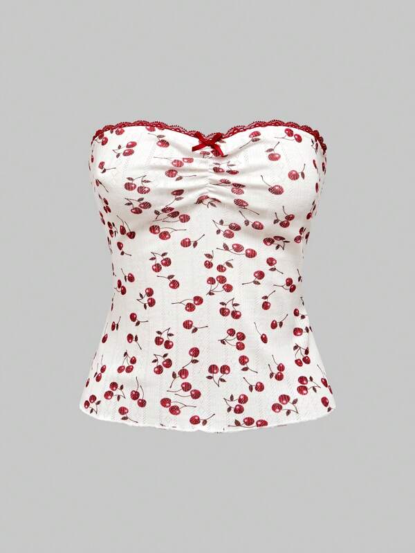 ROMWE Kawaii Casual Yet Sexy Lace & Cherry Patterned Top With Bowknot And Ruffled Elastic Hem For Ladies' Holiday Or Vacation, School
