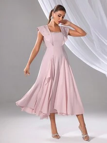 Ladies Elegant Summer Rhinestone Decor Cap Sleeve Dress - Pink - View 4