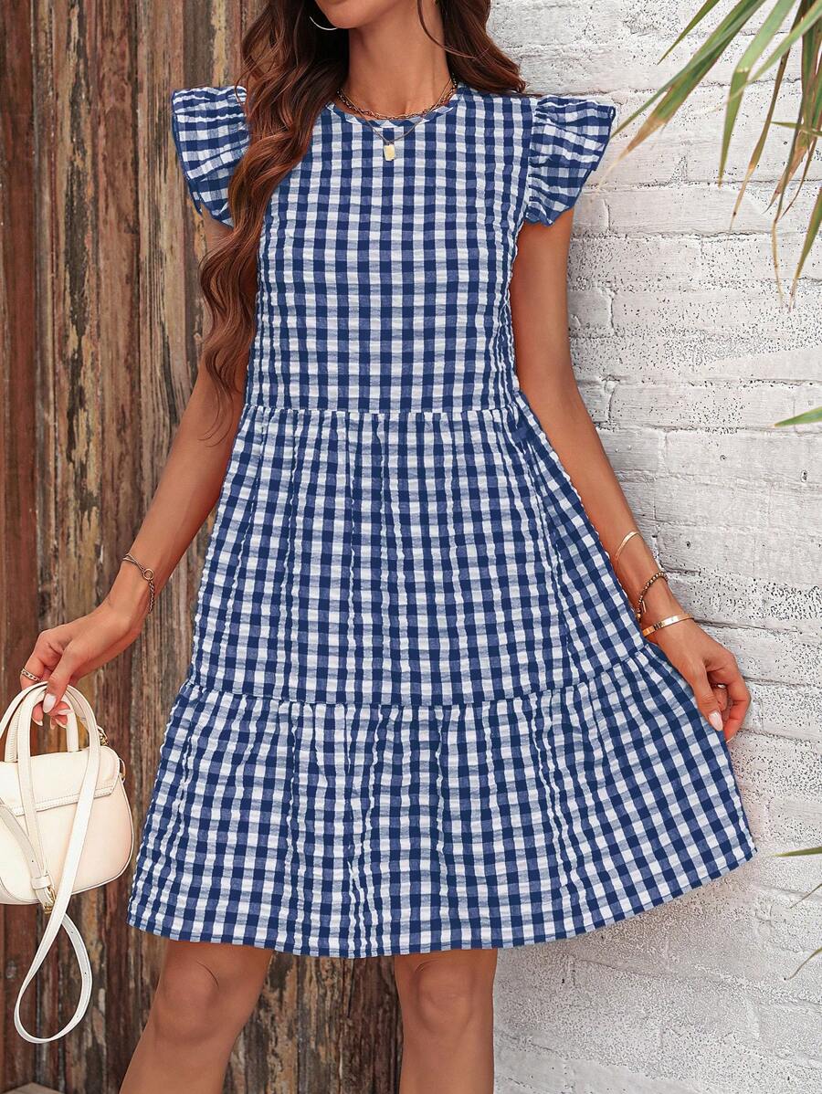 SHEIN LUNE Gingham Print Ruffle Hem Cap Sleeve Smock Dress - Navy Blue - View 1