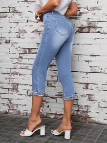SHEIN LUNE Zipper Fly Skinny Capri Jeans - Light Wash - View 2