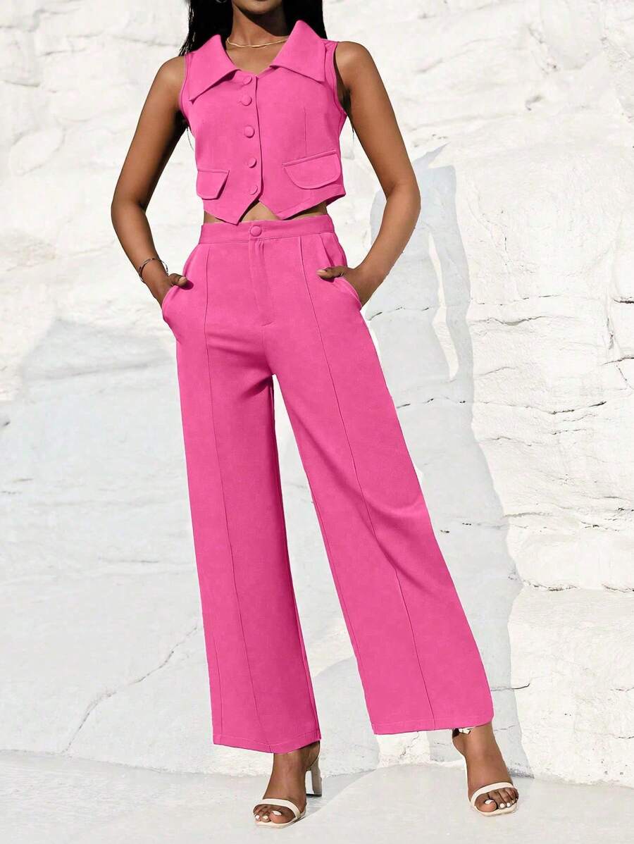 Chiquease Women Solid Color Lapel Vest And Trousers Suit - Hot Pink - View 1