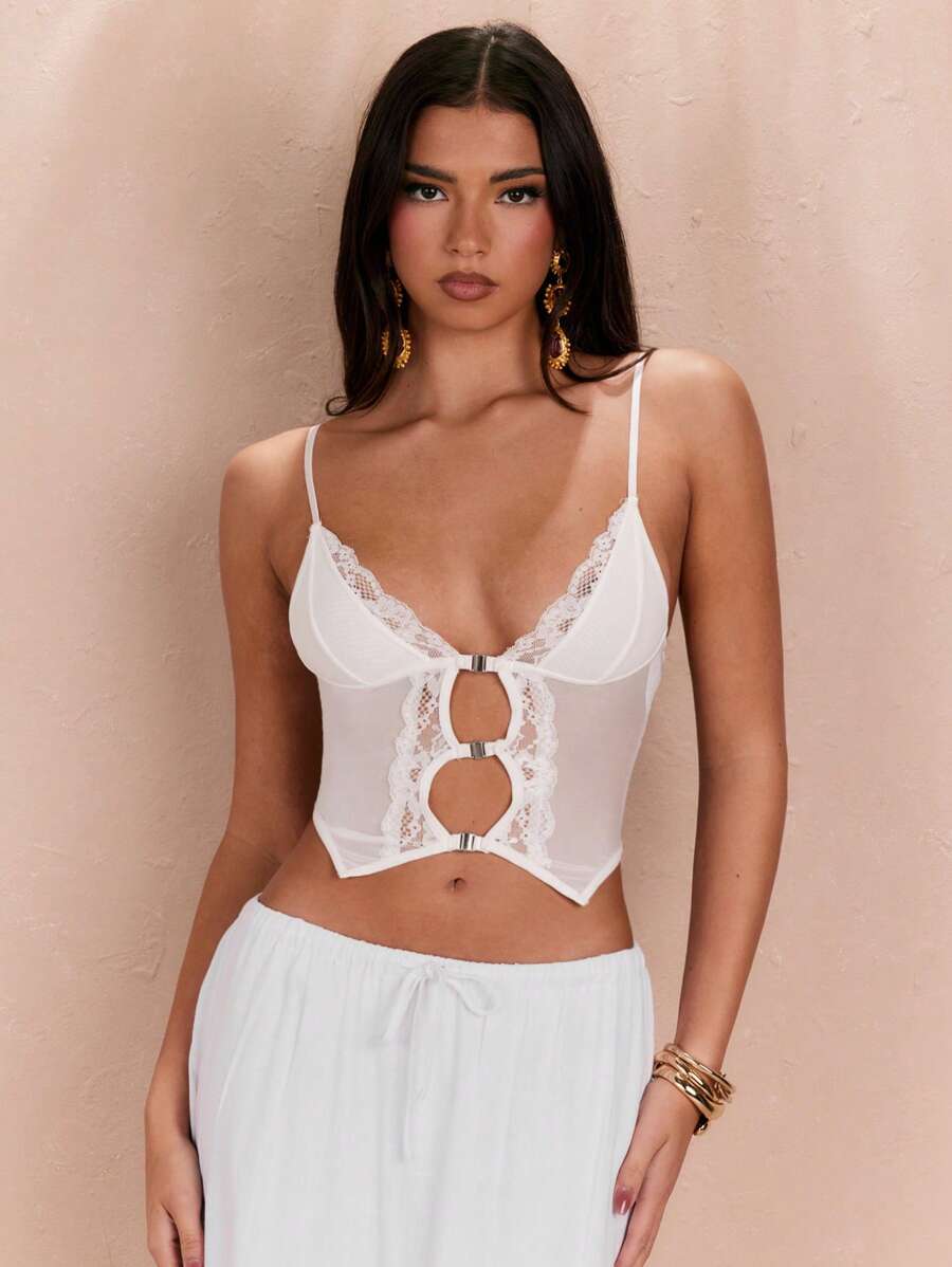 SHEIN BAE 女士純色簡約蕾絲裝飾日常上衣 - 白色 - 查看 1