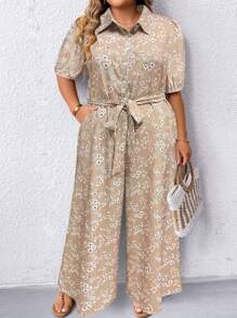 SHEIN LUNE Plus Allover Floral Print Belted Shirt Jumpsuit - Apricot - View 4