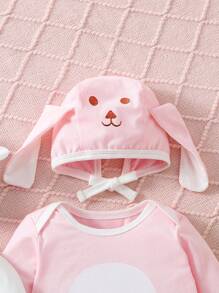SHEIN 嬰幼女2入組卡通圖形對比邊條睡衣套裝附帽 - 彩色 - 查看 4