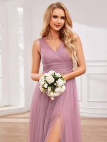 Elegant Deep V-Neck Split Back Bridesmaid Dress For Wedding - Dusty Pink - View 5