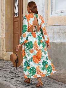 SHEIN VCAY Plus Size Vacation Tropical Plant Leaf Printed V-Neck Cut-Out Waist Backless Women's Maxi Beach Dress For Summer And Autumn - Multicolor - View 2