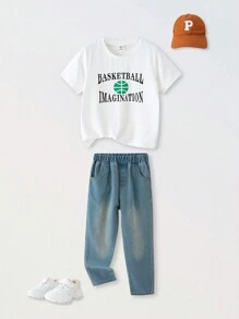 SHEIN 2入組男孩休閒簡約英文字印花圓領T恤和牛仔褲套裝，適合旅行，適用於春/夏/秋季 - 白色 - 查看 11