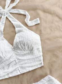 Soleia White Knitted Slim Fit Stretchy V-Neck Spaghetti Strap Top With Open Back And Pleated Double Layer Hem Skirt Women's Romantic Casual Vacation 2-Piece Set,Ladies Sexy Backless,Ruched,Tiered Layer Sleeveless Slim Fit White Skirt Women Two-Piece Outfits,Spring/Summer,Casual Daily Wear - White - View 5