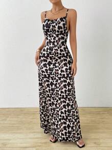 Almamuse Vestido largo con estampado de leopardo, vestido de mujer tipo camisero maxi - Caqui - Ver 3