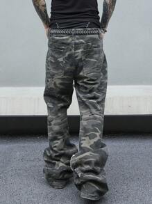 Manfinity Roghcode 男士迷彩印花原邊修剪直筒牛仔褲 - 軍綠色 - 查看 2