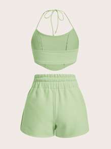 Muchica 女性彈性針織純色抹胸上衣和短褲組2件套裝 - 薄荷綠 - 查看 2