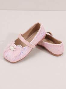 儿童时尚一推式钩环公主网眼闪光蝴蝶结休闲平底鞋 - 粉色 - 查看 2