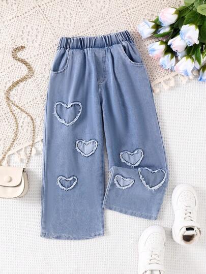 SHEIN Vintaside Kids Young Girl New Love Embroidered Denim Jeans, Everyday Casual Straight Pants For Children Denim Pants For Young Girl