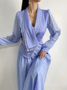 Modelyn Top și fusta din perle artificiale solide - Bleu - Vizualizare 7