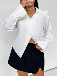 Flirla Plus Solid Button Front Blouse - White - View 1