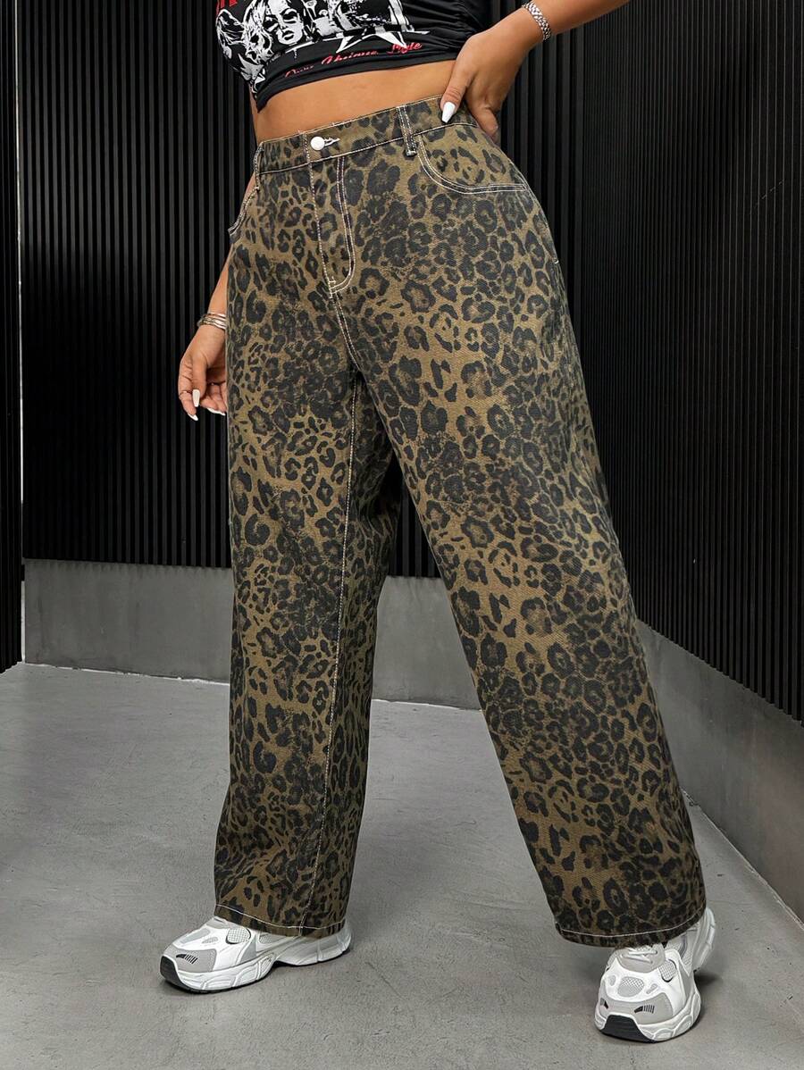 SHEIN ICON Plus Leopard Print Straight Leg Jeans - Multicolor - View 1